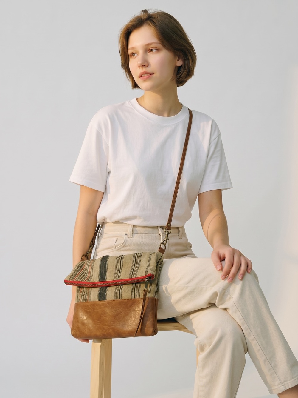 Vaalbara Leather-Trim Striped Crossbody Bag Handmade in California. Bohemian